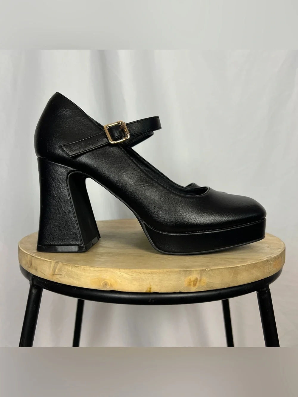 Black Faux Leather Chunky Platform Mary Janes
